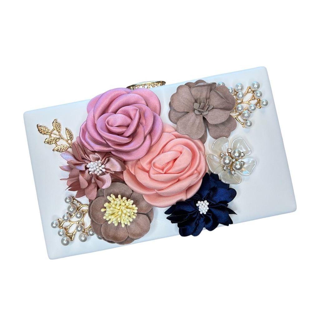 Floral Embellished White Evening Snap Clutch Bag Purse w/ Pearl & Gold Detail